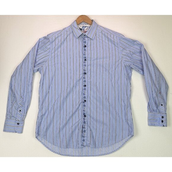 Robert Graham Shirt Blue Pin Stripe Embroidered Patterned Flip Cuff Classic Sz L - Picture 1 of 9